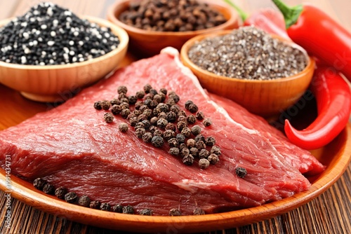Fresh raw meat and seasoning for culinary delight
