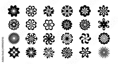 Flowers black vector set with various stylized designs and patterns featuring icons, graphics, illustrations with blossoms and blooms elements for