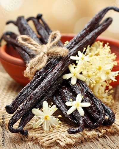 Vanilla pods and flowers on a rustic background