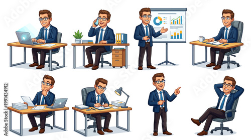 Professional Businessman Character Set in Various Office Poses, Working on Laptop, Presenting Data, Talking on Phone, and Relaxing, Isolated Vector Illustration