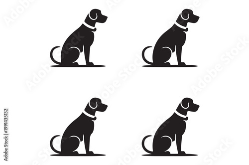 Four black silhouettes of dogs in various seated positions