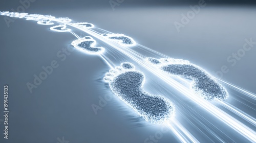 A futuristic pathway of footprints with glowing energy, symbolizing progress and journey. The trail represents steps forward