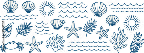 Summer coastal icon set in blue colors, hand drawn palm tree, sun, sea, seashells, and coral in doodle sketch style, Mediterranean Italian concept representing ocean, vacation, and travel