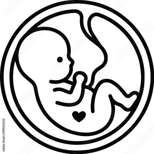 Human fetus in the womb with umbilical cord line icon isolated on white background