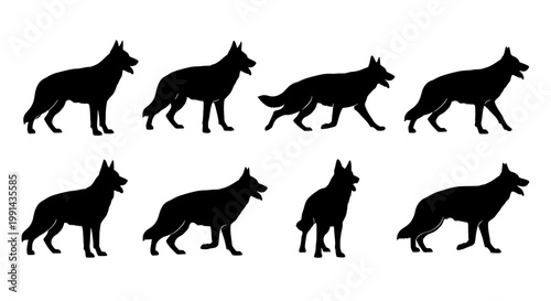 Dogs silhouette set with eight walking black canines in various poses and movements featuring dog, silhouettes, running with animals and wildlife