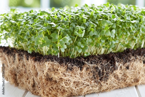 Close-up of vibrant microgreens with exposed roots, showcasing growth