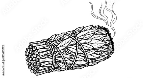 Sage bundle with dried leaves and smoke rising, tied with twine in a smudging ritual featuring herbs, aromatherapy, meditation with relaxation and