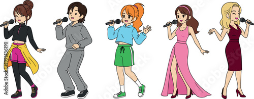 Young singers vector illustration set with teenagers and women holding microphones modern outfits music performance characters collection