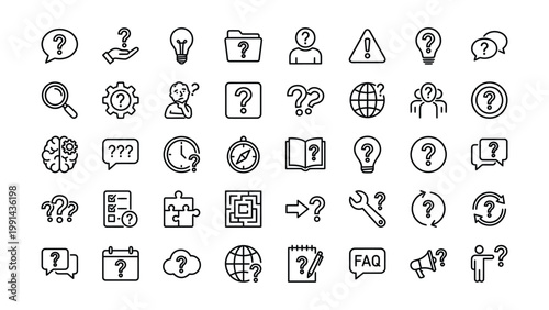 Question and answer icons set in doodle style with question illustration lightbulb document magnifying cogwheel thinking dialogue navigation knowledge information labyrinth backward