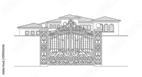 Elegant Wrought Iron Gate and Luxurious Mansion Facade