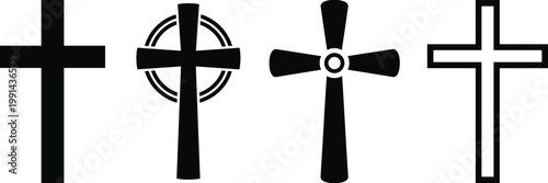 Set of four religious Christian cross icons including Celtic and Latin styles in black silhouette and outline isolated on white background for spiritual design