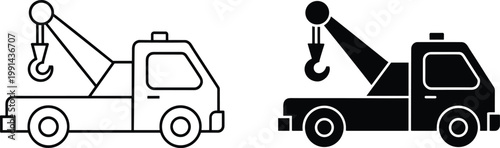 Tow truck icon set with outline and solid silhouettes for towing service roadside assistance transport vehicle recovery design