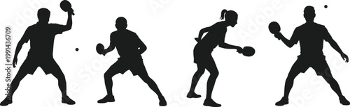 Table tennis player silhouettes set isolated on white background, dynamic ping pong action poses collection for sports design illustration