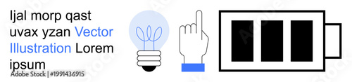 Renewable energy, decision-making, efficiency, power conservation, innovation, technology. Lightbulb, hand pointing and battery icon against text. Renewable energy and decision-making concept