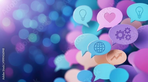 Colorful speech bubbles with icons representing ideas, communication, and growth floating in a bokeh background.