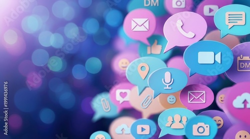 Vibrant social media icons float in a dreamlike digital space, representing communication and connection.