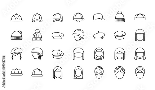 Variety of headwear and head coverings in outline style with line art head covering headwear accessory clothing illustration collection different covering protection minimalist personal