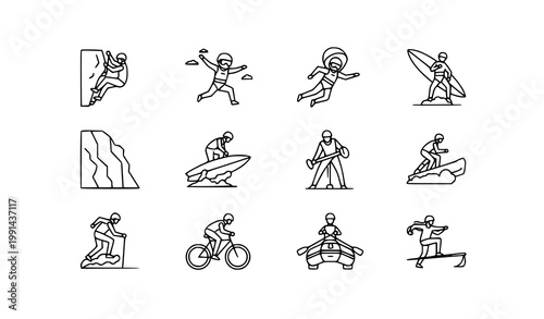 Collection of line icons representing extreme sports and outdoor activities with rock climbing mountain biking cliff diving wingsuit flying water sports winter sports summer sports line art
