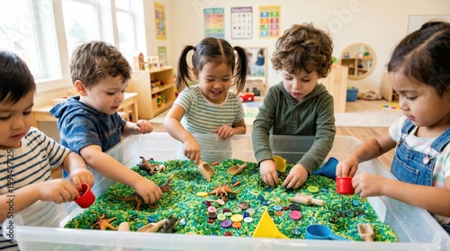 Happy children playing with colorful sensory rice and toys in a bright and colorful preschool classroom