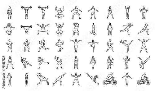 Collection of diverse human icons showing various sports and fitness activities with line art exercise activity silhouette illustration collection movement wellness strength training