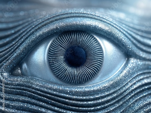 Close-up view of a stylized, shimmering blue eye with intricate details, suggesting vigilance and wonder.