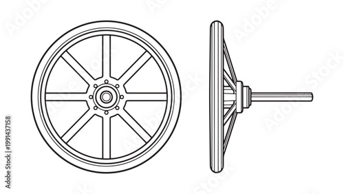 Detailed technical drawing of a vintage wooden wagon wheel, showcasing front and side views with spokes, hub, and axle, perfect for historical transport design.