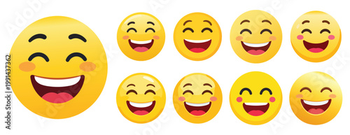 Collection of laughing yellow emoji faces showing happiness World Laughter Day elements.
