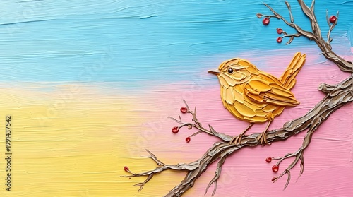Charming textured illustration of a small bird perched on a branch against a vibrant, abstract background.