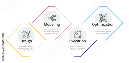 BPM lifecycle multicolor rhombus infographic 4 steps. Design, modeling, execution of project tasks. Workflow optimization. Editable thin line icons diagram process. Merriweather Sans font used