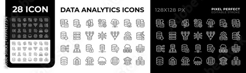 Data analytics pixel perfect black and white line icons set. Sql database, data management. Networking technology. Outline iconset. Isolated monochrome illustrations. Editable stroke