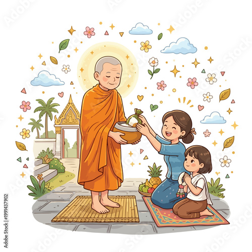 Thai Buddhist monk receiving food offerings from a mother and daughter at temple during morning alms ritual.