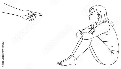 An illustration of a woman hugging her knees, withdrawn and overwhelmed by a harsh reality