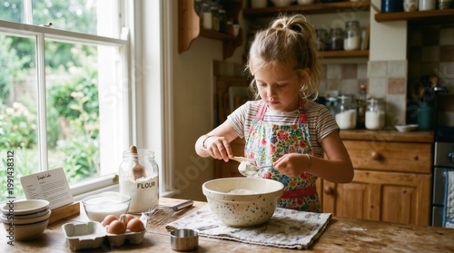 Little girl baking in kitchen.