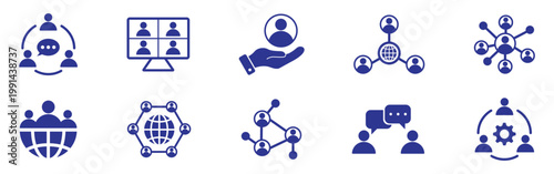 Professional networking and social media solid icons collection including connections, relationships, community, and event symbols. vector illustration