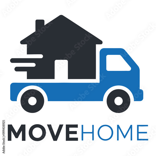 Blue truck with house on back and move home text on white background icon