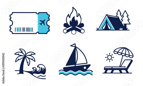 Travel Vacation Icon Set with Beach Camping and Adventure Symbols