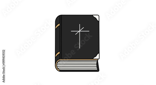 Black Bible with Cross Icon, Religious Symbol of Christianity, Isolated on White