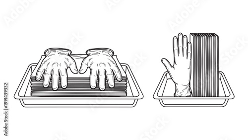 Black and White Line Art Illustration of Neatly Organized Disposable Protective Gloves in Two Trays for Hygiene and Safety
