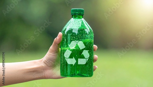 Hand holding green plastic bottle with recycling symbol outdoors