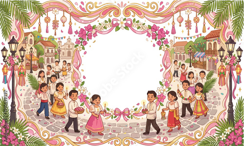 Filipino town fiesta parade frame with people carrying candles and flowers at sunset.