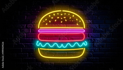 Neon hamburger sign glowing against dark brick wall background