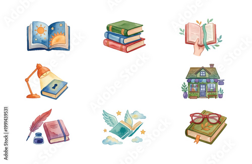 Watercolor Book Icons Collection in 3x3 Grid Layout
