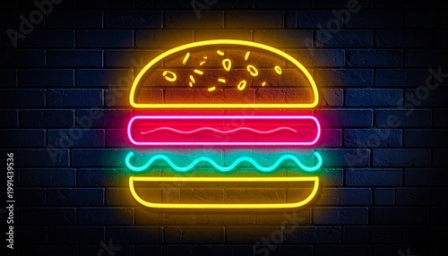 Neon hamburger sign glowing against dark brick wall background