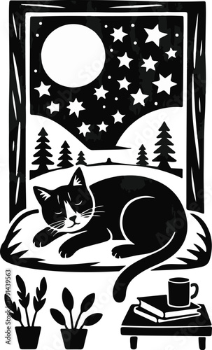 A silhouette black cat in an illustration frame with a floral design on its back silhouette print design Pro Vector