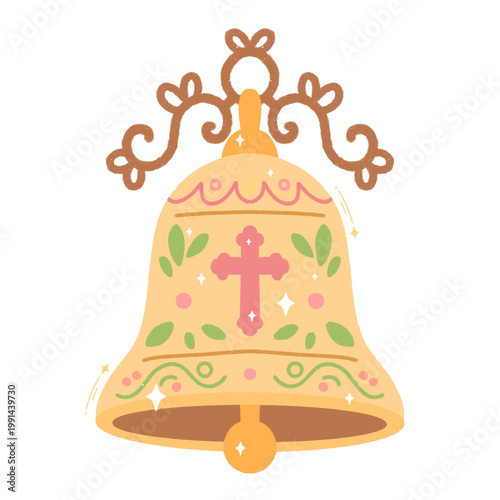 Bild auf Leinwand Decorated golden church bell with floral patterns and cross for religious ceremony celebration