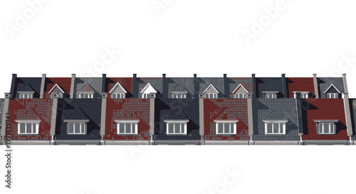 Row of Traditional Townhouses with Gable Roofs and Red Brick Facades