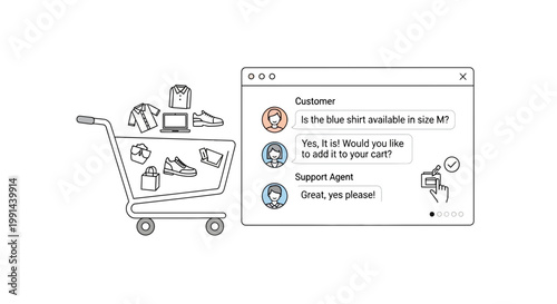 Ecommerce shopping cart, customer support chat, online shopping assistance, retail help icon