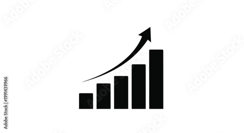 Black graphic depicting increasing bar chart and rising arrow simple silhouette