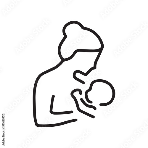 Breastfeeding, motherhood flat line icon. Simple outline style. A baby in a sling in a womans arms. Editable stroke