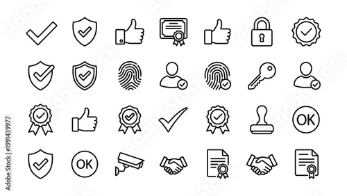 Set of hand drawn icons for verification security approval with thumbs up security check approved stamp approved thumbs up certificate fingerprint verification validation agreement